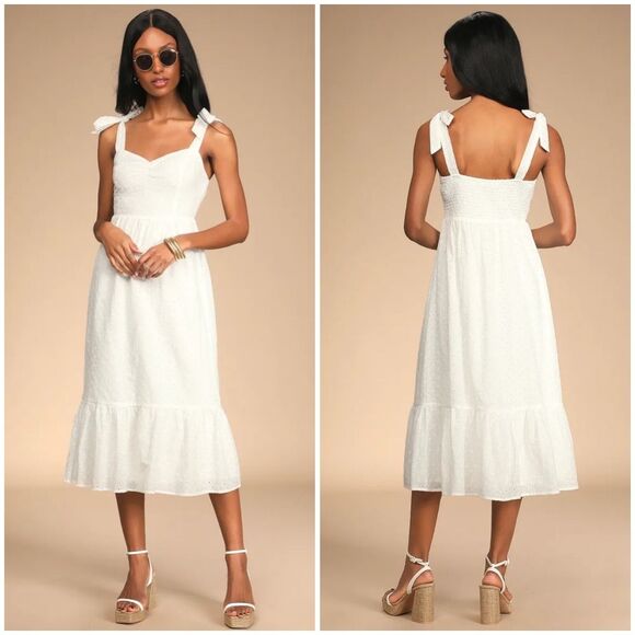NWT Lulus Women's M Fairytale Feeling White Eyelet Tie-Strap Tiered Midi Dress - Picture 1 of 16